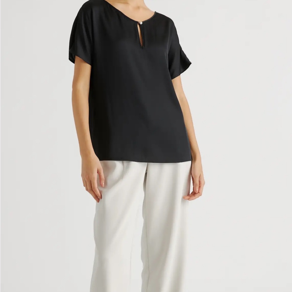 Quince Black Short-Sleeve Keyhole Blouse